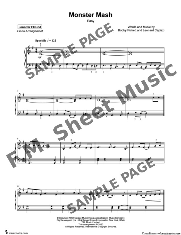 Monster Mash (Easy Piano) By Bobby Pickett F.M. Sheet Music Pop